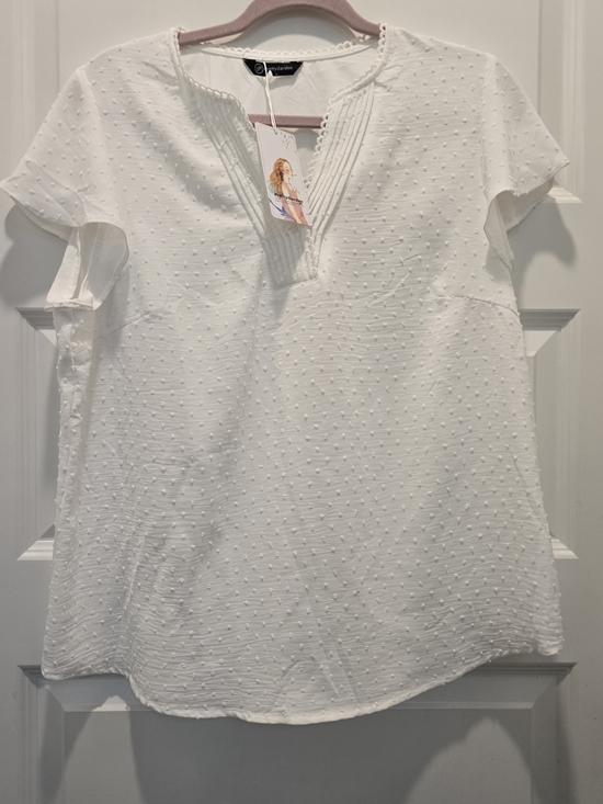 PrettyGarden Tops - Women's White Textured Dot Split V-Neck Blouse